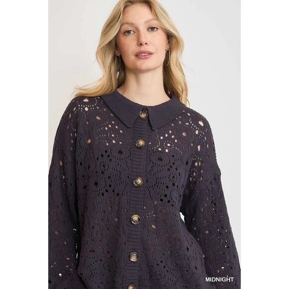 Umgee Crochet Button Down Long Sleeves Oversized Casual Knit Cardigan | Midnight - Picture 6 of 6